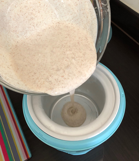 pour mixture into ice cream maker-peanut butter ice cream-slimming world blog