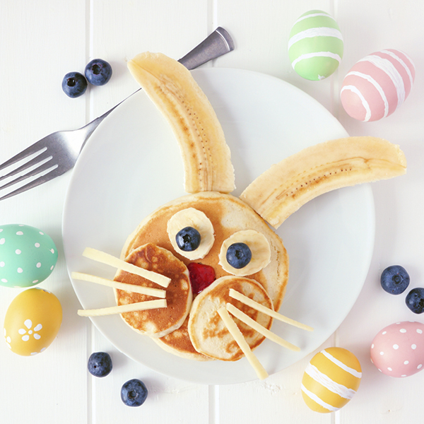 Bunny rabbit made from pancakes with banana ears