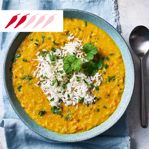 Carrot and coconut dhal with rice in blue bowl-slimming world curry recipes