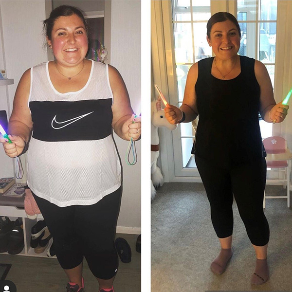 Sophie before and after stitch showing weight loss transformation, wearing black vest and leggings and holding clubbercise glowsticks