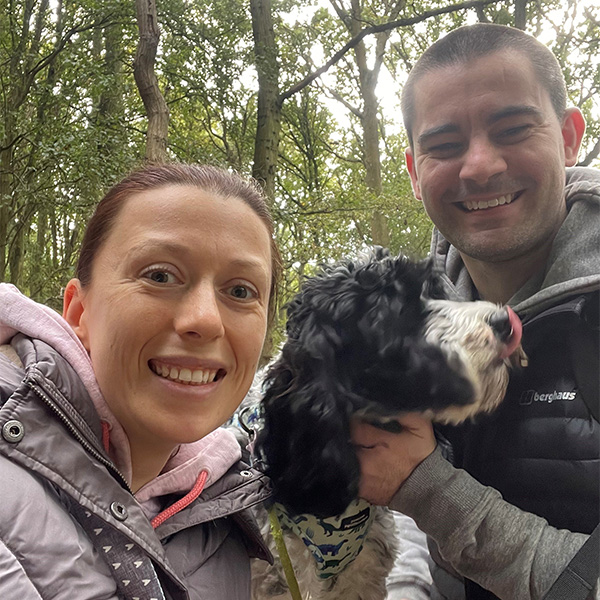 Becky and partner smiling with dog-5 ways activity can reduce stress-slimming world blog