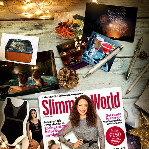 Slimming World Christmas mood board showing a copy of Slimming World magazine, a hot tub and fireworks