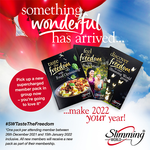 Slimming World new member pack promotion with text reading something wonderful has arrived, make 2022 your year, with info about the latest Countdown offer-see www.slimmingworld.co.uk for details