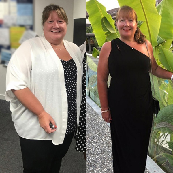 Image shows Slimming World member, Karen Darler, before and after photos