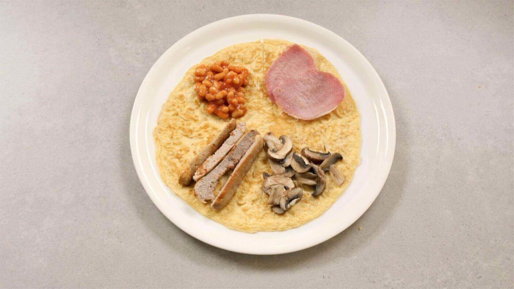 Bacon, mushrooms, sausage, beans on omelette wrap-tortilla-style wrap-slimming world blog