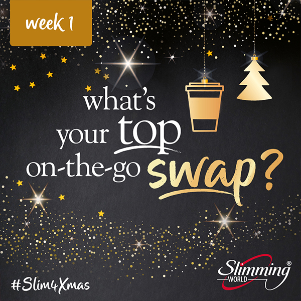 What's your top on-the-go swap? Slimming World Christmas campaign header with gold coffee cup and Christmas tree baubles