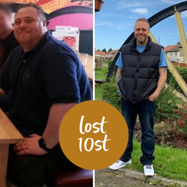 Ian Gascoyne before and after photos with sticker reading lost 10st