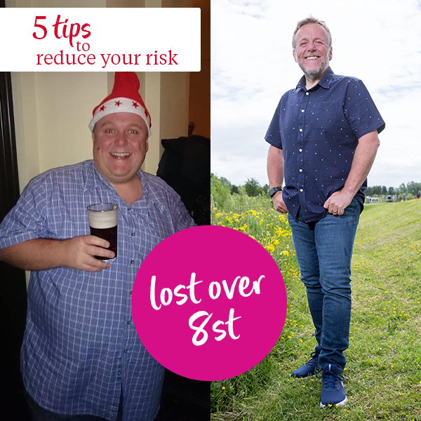 Image show Slimming World members before and after image who has lost over 8 stone - text reads five tips to reduce your risk