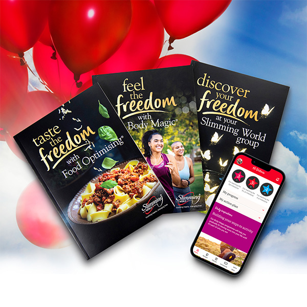 Slimming World member pack-set of three books and a phone screen showing the Slimming World app