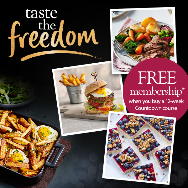 Slimming World taste the freedom promotion. Showing a lamb roast dinner, burger in a bun and blueberry cheesecake squares. Text: Free membership when you buy a 12 week Countdown course