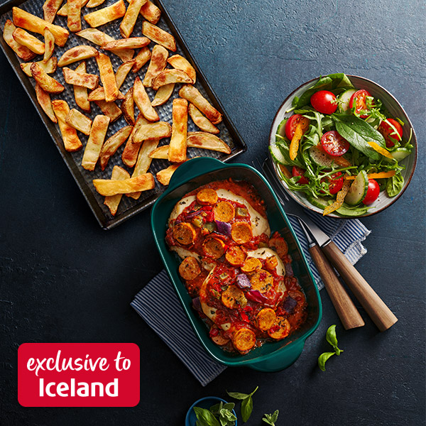 Slimming World pizza chicken with chips and a side salad. Red box reads: 'exclusive to Iceland'