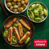 Slimming World chicken sausages in frying pan with side bowls filled with potatoes, leeks and peas on a dark green background. Red box reads: exclusive to Iceland
