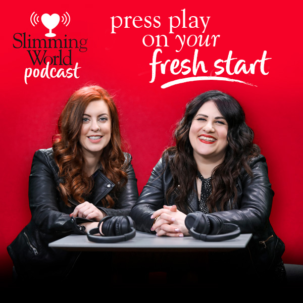 Podcast presenters Anna and Claire wearing matching leather jackets against a red background. 'press play on your fresh start' written in white text at the top.