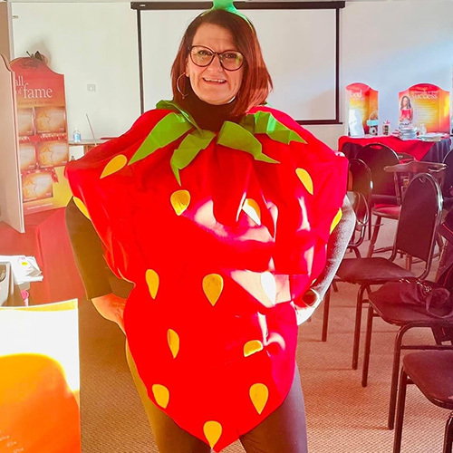 Slimming World Consultant Kelly in a strawberry costume