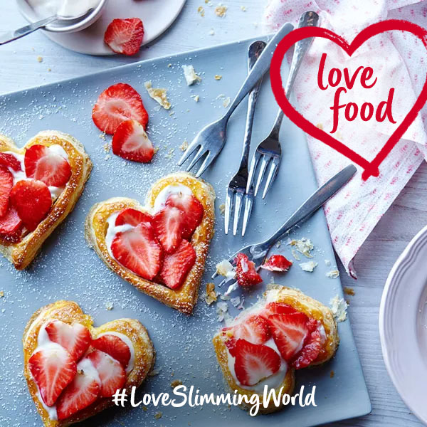 Slimming World strawberry tarts. Wording reads love food hashtag love slimming world