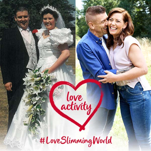 Slimming World members Lisa and Graeme transformation. Wording reads love activity hashtag love slimming world
