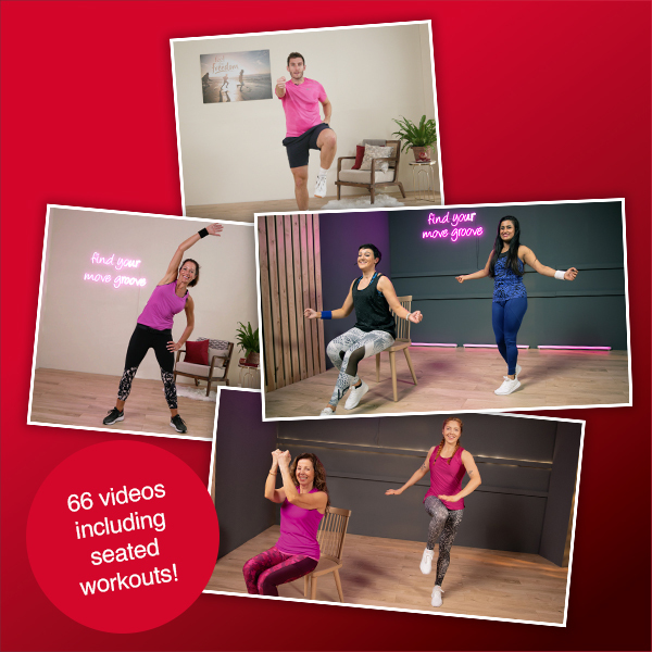 Slimming World activity videos. Slimming World instructors showcasing the activity videos. Text reads 66 videos included seated workouts