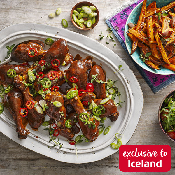 Sticky barbecue chicken wings on a white serving plate – Slimming World sauces