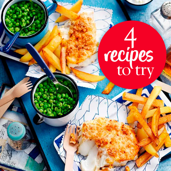 Slimming World fish and chips with wording 'four recipes to try'