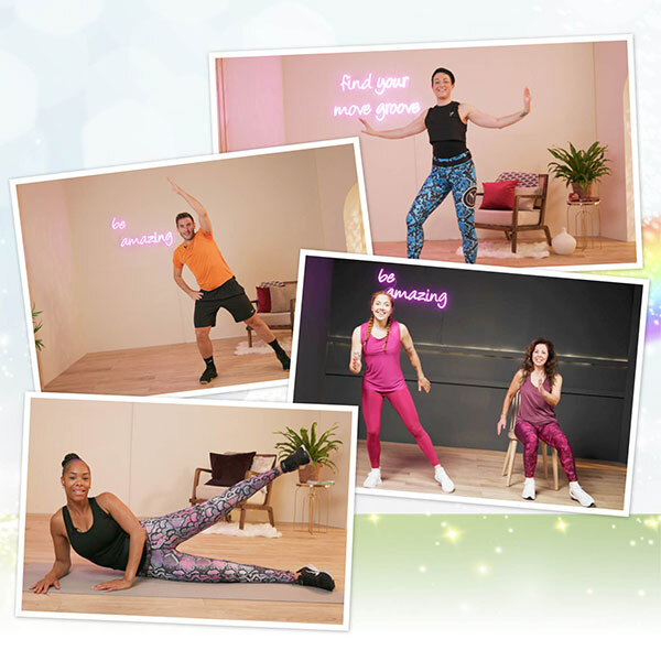 Snapshots from the Slimming World activity videos. Male and female instructors leading workouts