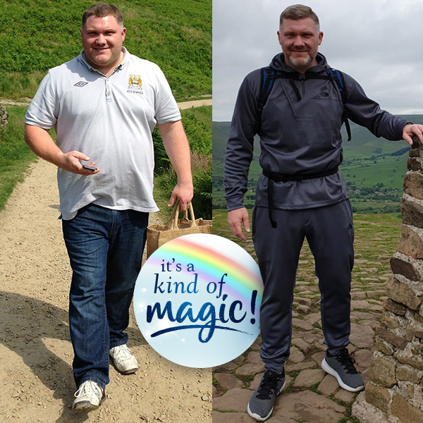 Leigh Waddington weight loss before and after with It's a Kind of Magic logo