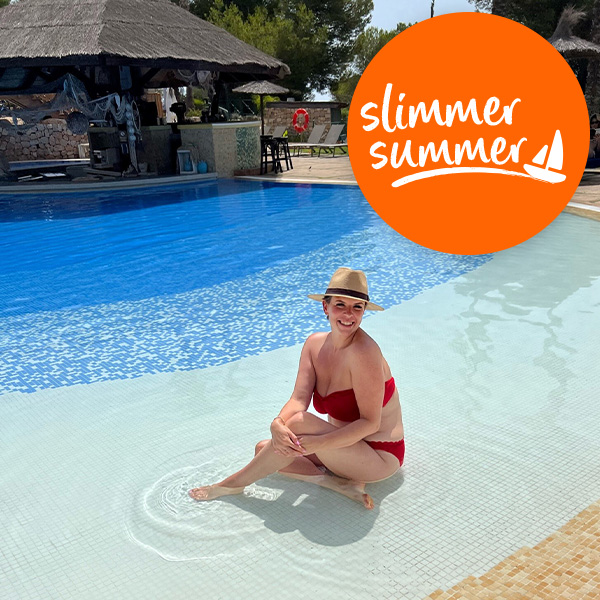 Slimming World member Nicola wearing a red swimsuit and sitting beside a swimming pool. Orange logo reads: slimmer summer