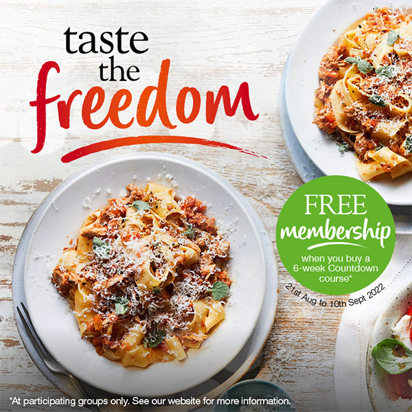 Slimming World pork ragu with pasta. Text reads: Taste the freedom. Free membership when you commit to a 6-week Countdown course