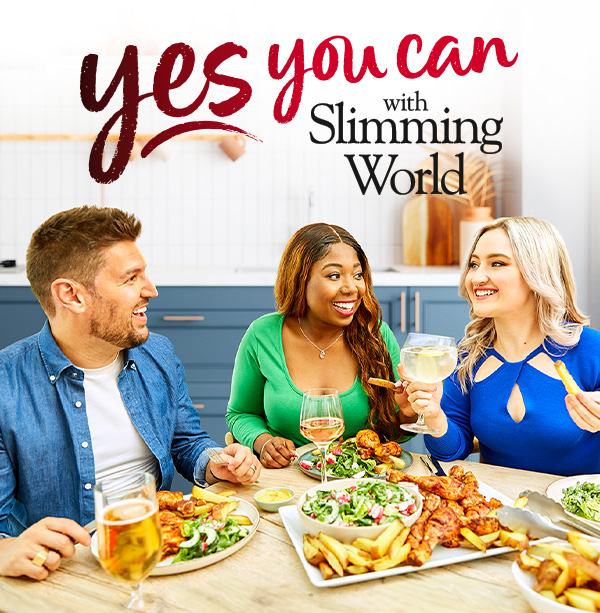 Three Slimming World members around a table laden with food. Text reads Yes you can with Slimming World