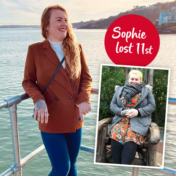Slimming World member Sophie before and after transformation. Text reads Sophie lost 11st