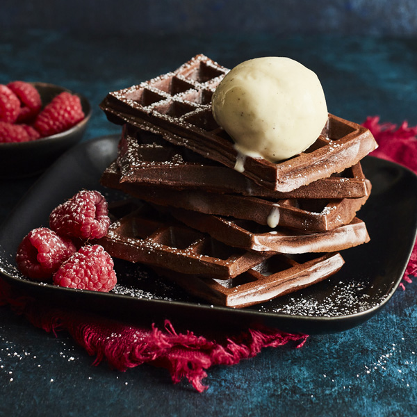 Slimming World chocolate waffles with raspberries and ice cream