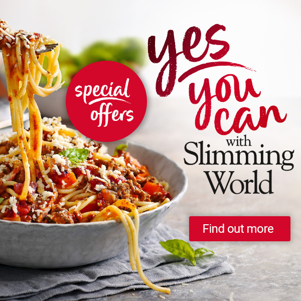 Slimming World special offers promotion showing spaghetti bolognese recipe and yes you can with Slimming World wording