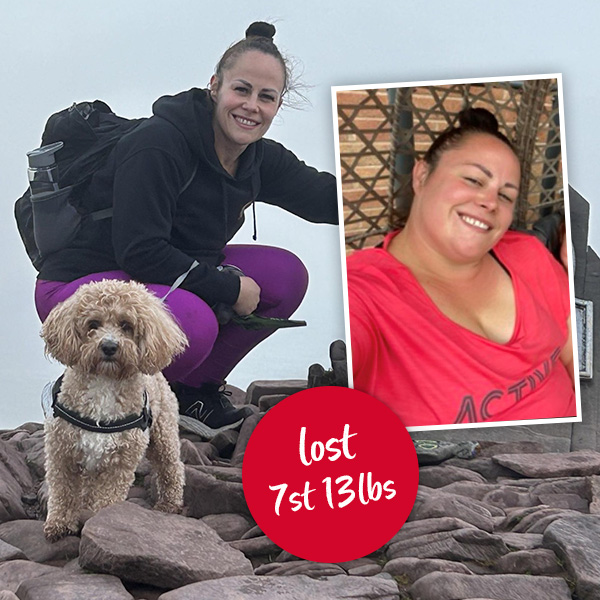 Marathon runner Kelly Davies with her dog, and before her weight loss journey