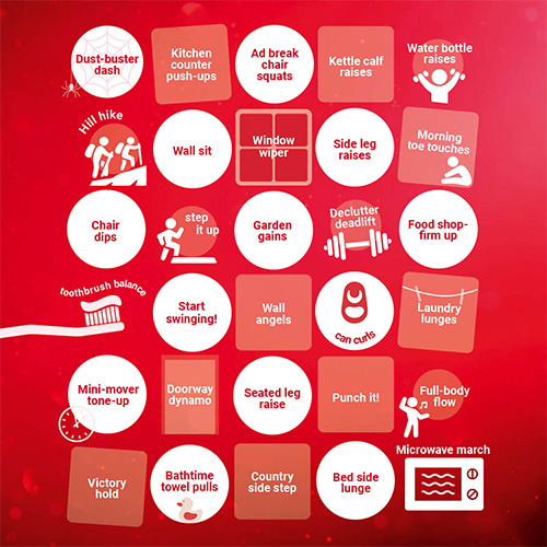 A 30-day strength challenge chart displayed on a red background, featuring a 6x5 grid of white and red circles, each labelled with a different home-friendly exercise.