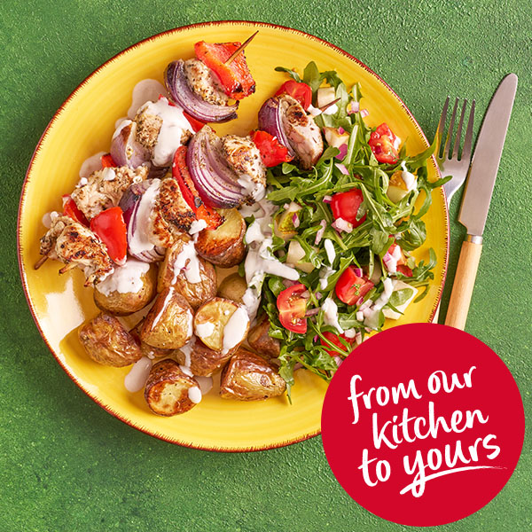 Slimming World Kitchen - Week 72 - header - turkey skewers with roasties and pear salad