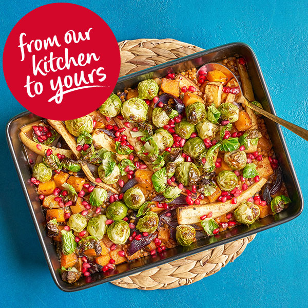 Slimming World Kitchen week 79 header veg and lentil sleighbake with crispy sprouts