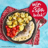 Slimming World Kitchen's sea bream in fennel and caper sauce. A red sticker reads: Win a spa break!