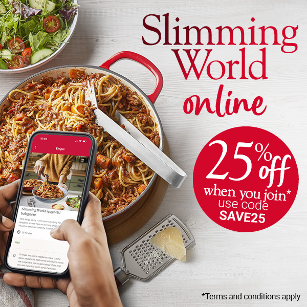 Slimming World Online. 25% off when you join* - use code SAVE25. *Get 25% off our Bronze, Silver or Gold Slimming World Online membership packages. Visit slimmingworld.co.uk/offers for more information.