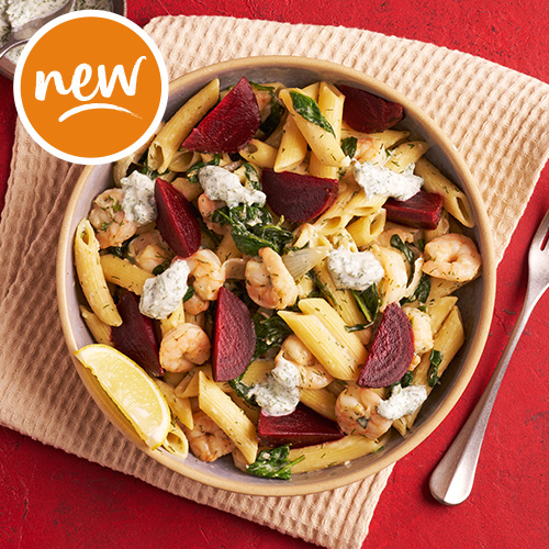 Slimming World Kitchen posh prawn and beet pasta with horseradish dressing