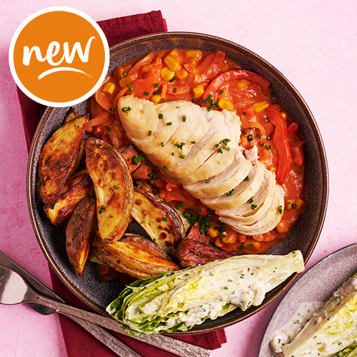 Slimming World Kitchen, week 36: chicken with wedges and tomatoey corn sauce and salad