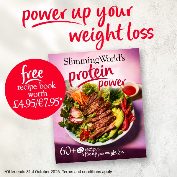 Text reads 'Power up your weight loss'. 'free recipe book'. Image of Slimming World's Protein Power recipe book.